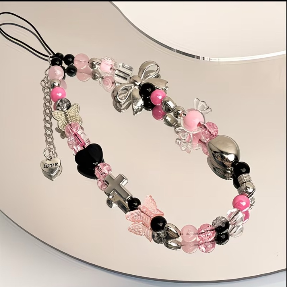 Black Butterfly Bow Strawberry Pendant Cross Phone Lanyard - Picture 3 of 3